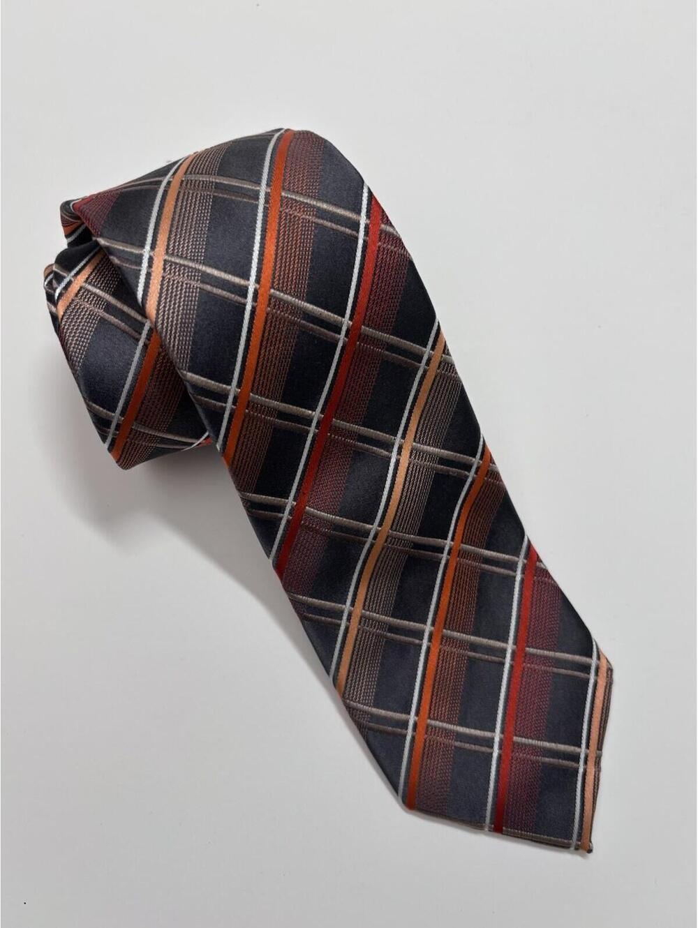 Alfani 100% Silk Tie In Orange And Grey Plaid